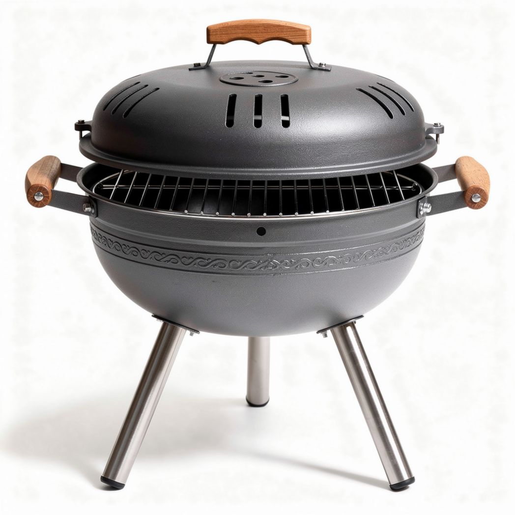 Grill węglowy o średnicy 50 cm z mosiężnymi uchwytami i stalową konstrukcją