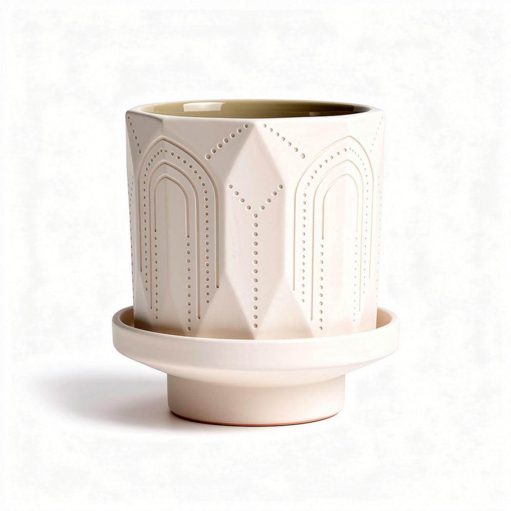 Doniczkę ceramiczną o zdobieniach w kolorze białym 10 x 10 x 12cm z podstawkiem